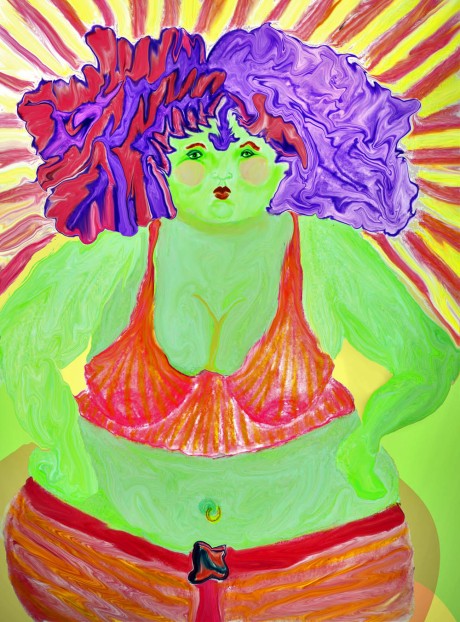 Chubby woman with green body and purple and red hair